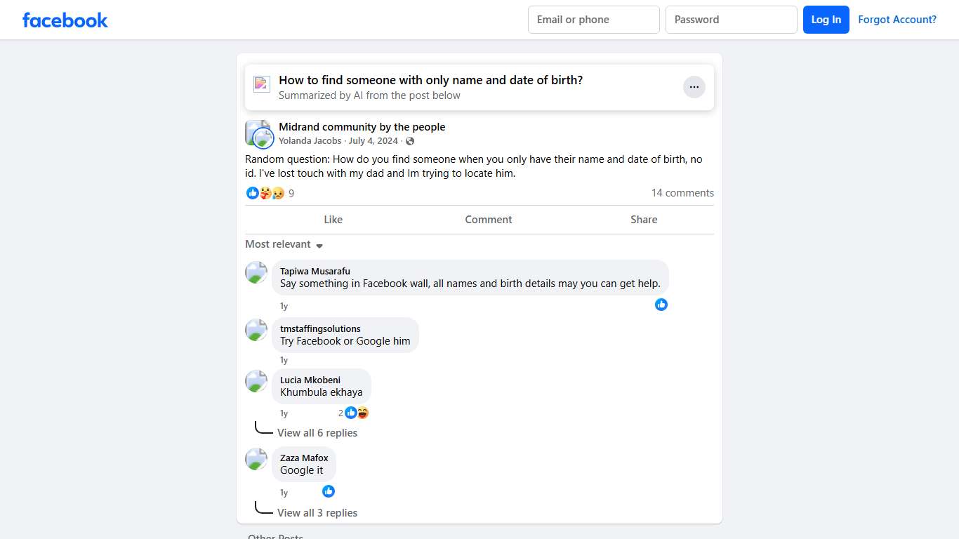 Midrand community by the people | Random question: How do you find someone when you only have their name and date of birth, no id | Facebook